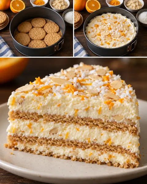 Koekjestaart zonder oven — sinaasappel, amandelen, kokos