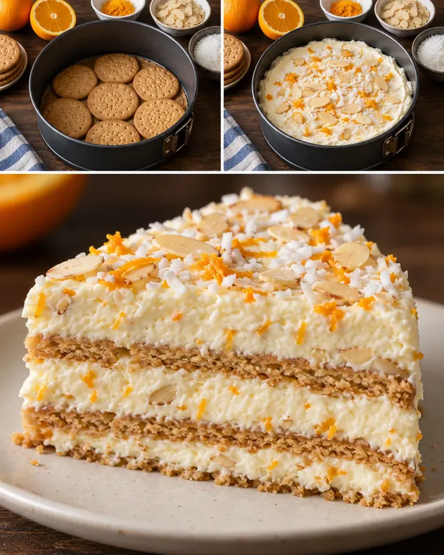 Koekjestaart zonder oven — sinaasappel, amandelen, kokos