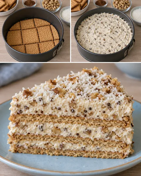 Koekjestaart zonder oven — koffie, walnoten, kokos