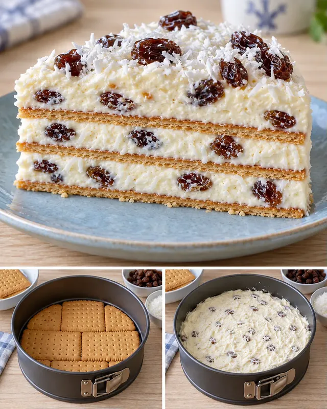 Koekjestaart zonder oven — rozijnen, vanille, kokos