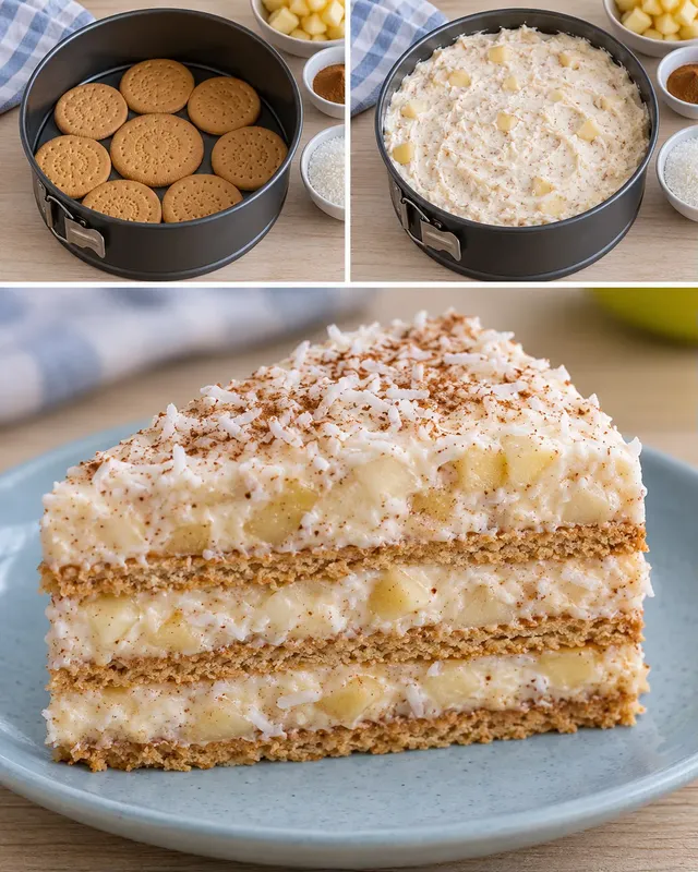 Koekjestaart zonder oven — appel, kaneel, kokos