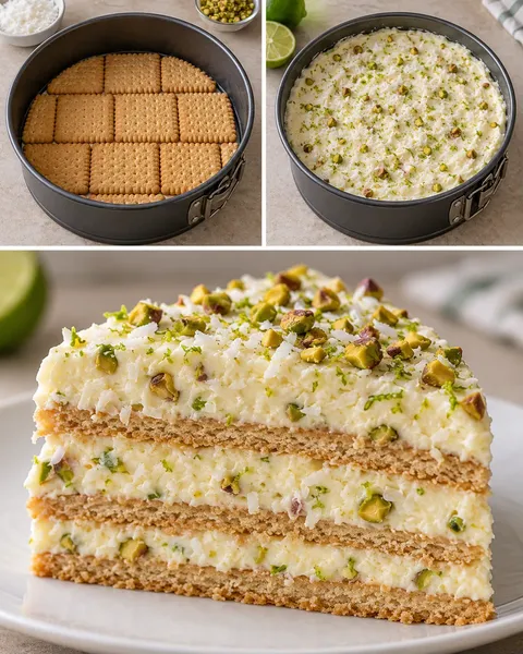 Koekjestaart zonder oven — kokos, limoen, pistachenoten