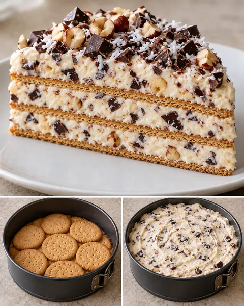 Koekjestaart zonder oven — pure chocolade, hazelnoten, kokos