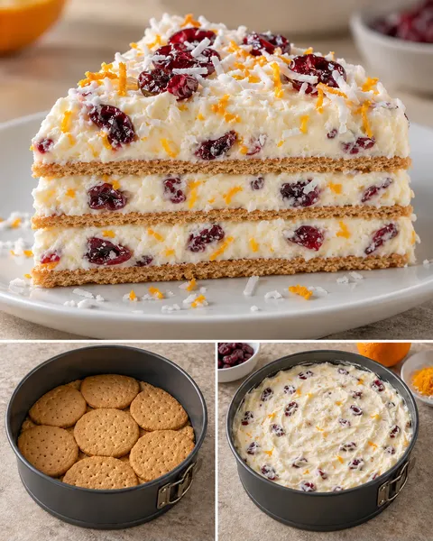 Koekjestaart zonder oven — cranberry’s, sinaasappel, kokos