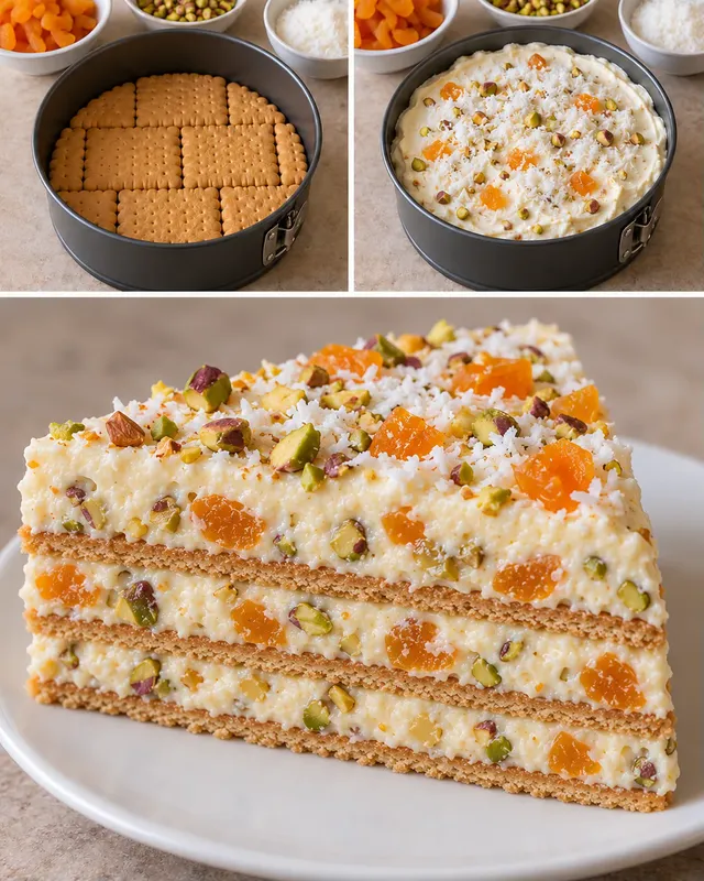 Koekjestaart zonder oven — gedroogde abrikozen, pistachenoten, kokos