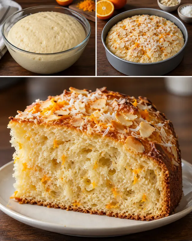 Zoete gistcake — sinaasappel, amandelen, kokos