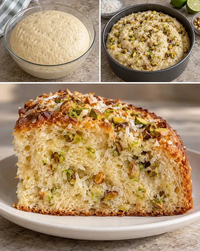 Zoete gistcake — kokos, limoen, pistachenoten