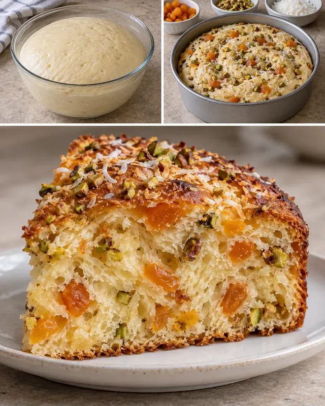 Zoete gistcake — gedroogde abrikozen, pistachenoten, kokos