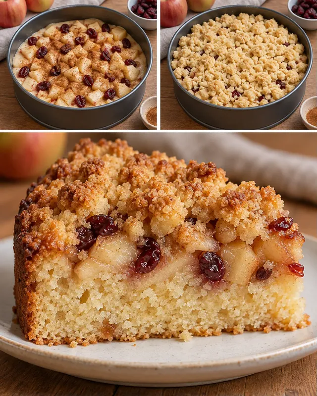 Cake met kruimeltopping — appel, kaneel, cranberry’s