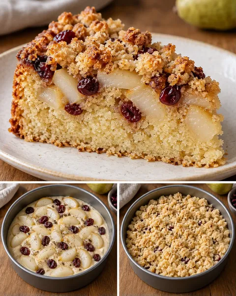 Cake met kruimeltopping — peer, kardemom, cranberry’s