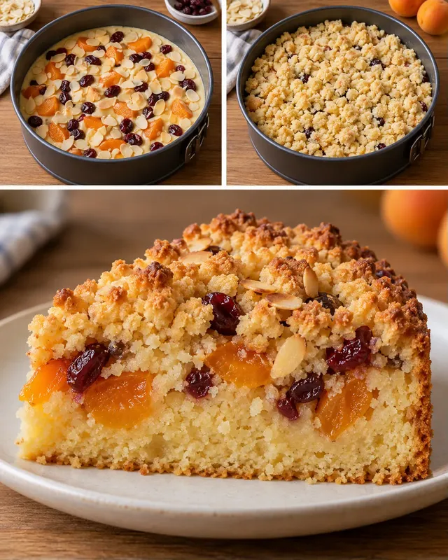 Cake met kruimeltopping — abrikoos, amandelen, cranberry’s