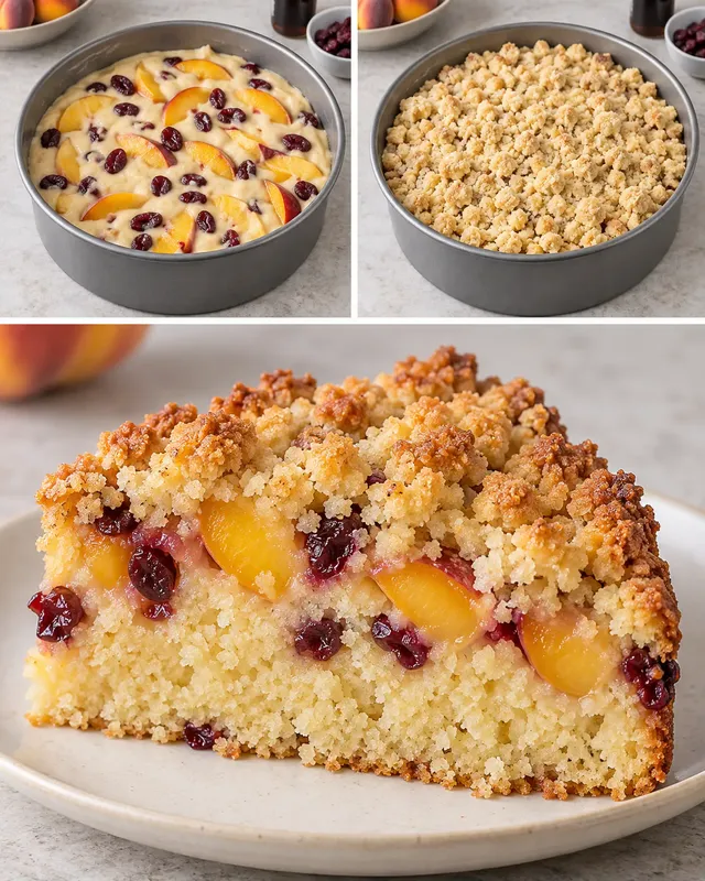 Cake met kruimeltopping — perzik, vanille, cranberry’s