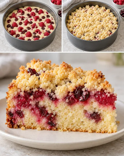 Cake met kruimeltopping — framboos, vanille, cranberry’s