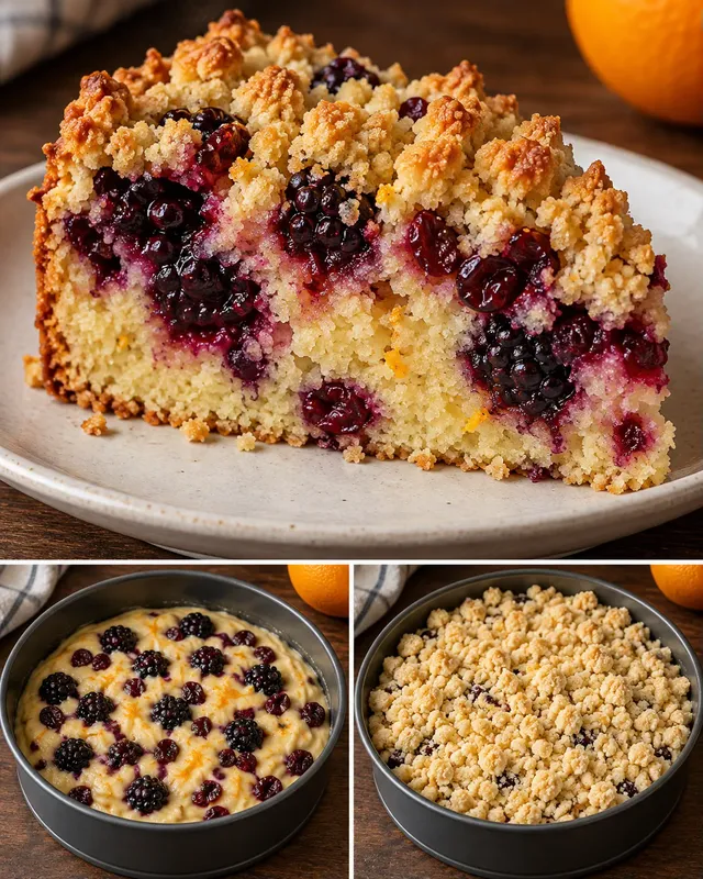 Cake met kruimeltopping — braam, sinaasappel, cranberry’s