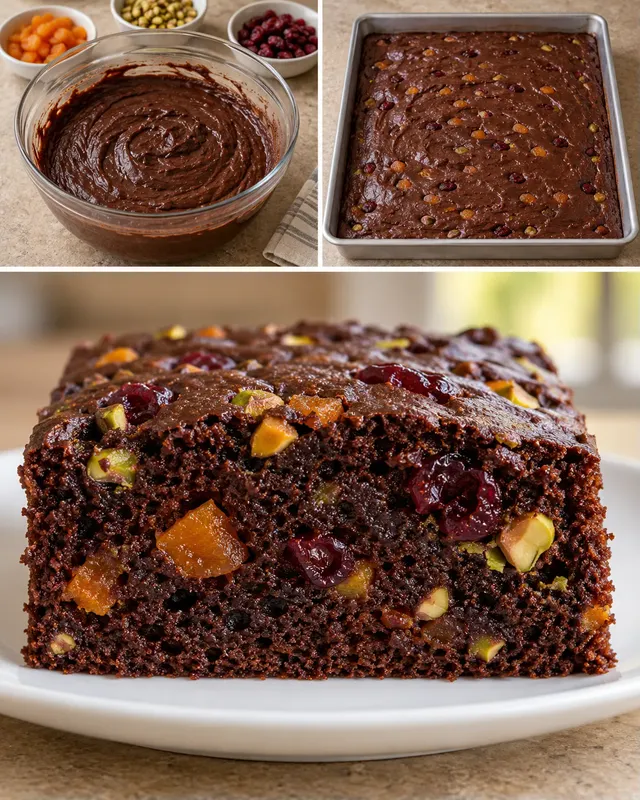 Cacaocake — gedroogde abrikozen, pistachenoten, cranberry’s