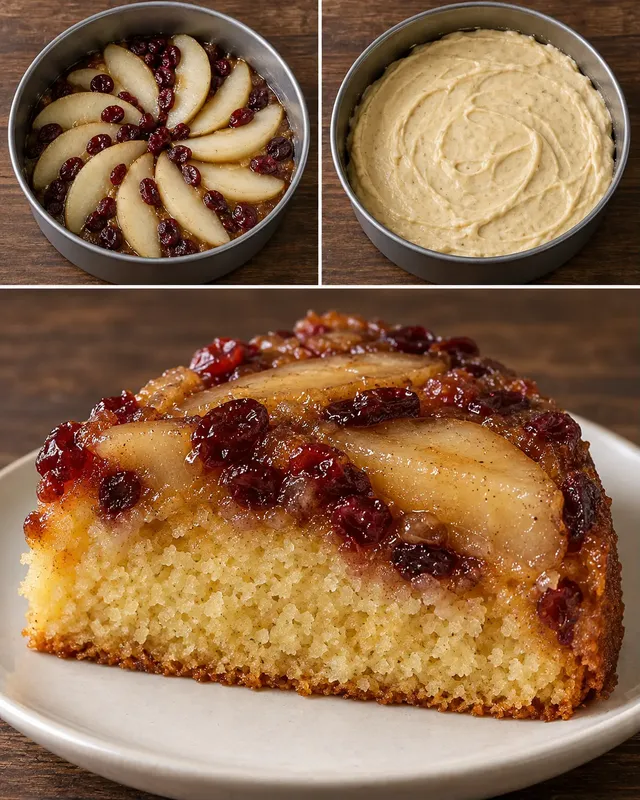 Omgekeerde fruitcake — peer, kardemom, cranberry’s