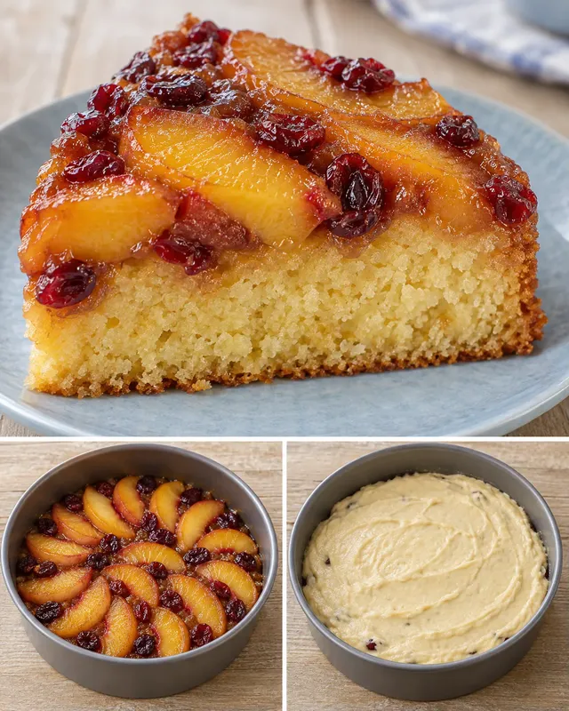 Omgekeerde fruitcake — perzik, vanille, cranberry’s