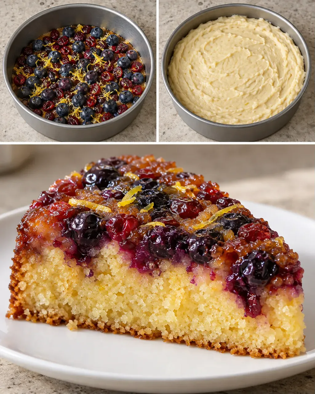 Omgekeerde fruitcake — blauwe bessen, citroen, cranberry’s