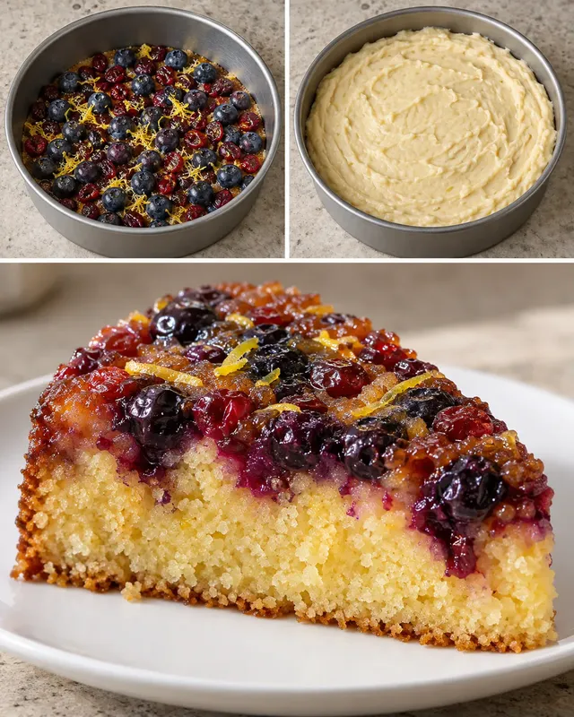 Omgekeerde fruitcake — blauwe bessen, citroen, cranberry’s