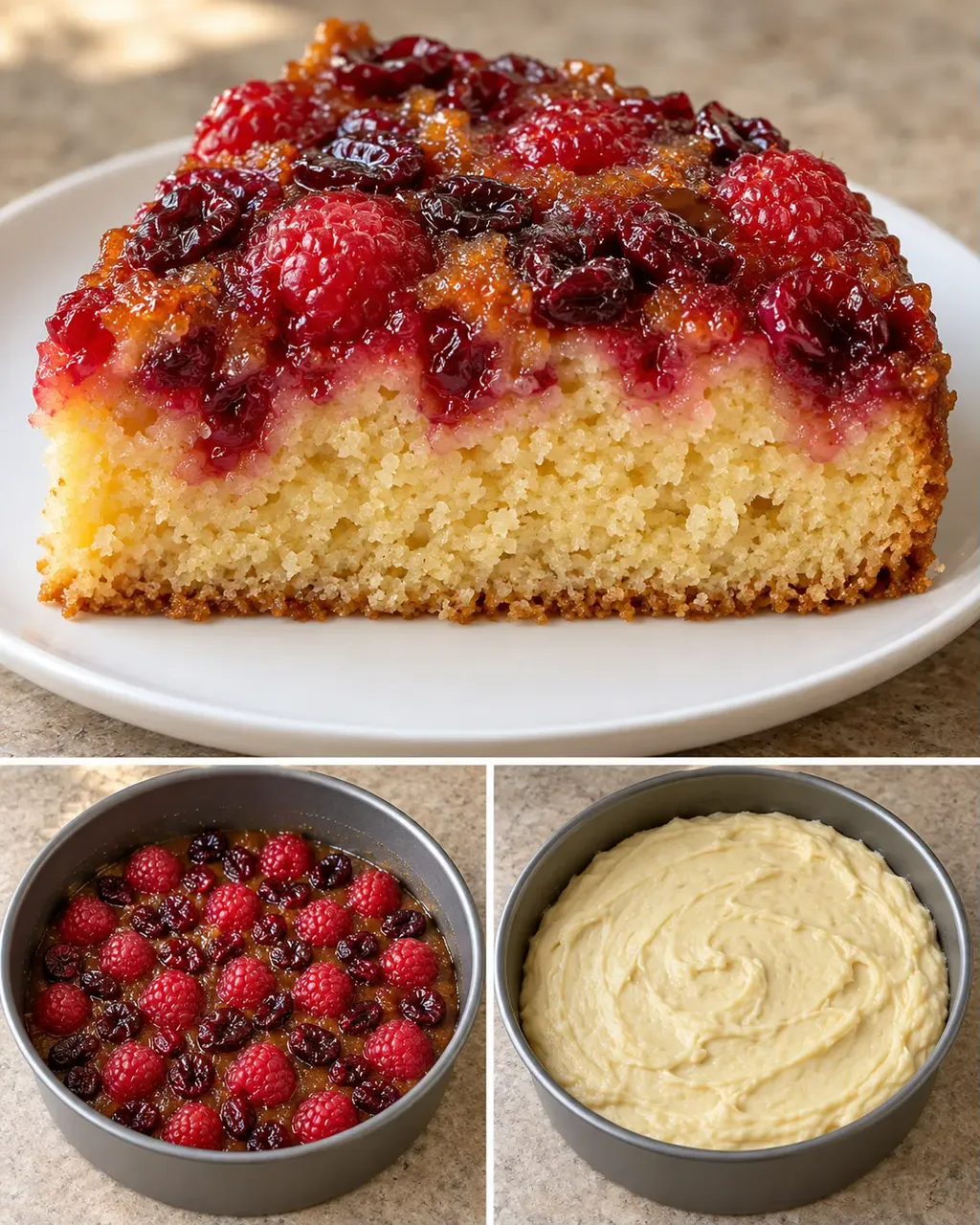 Omgekeerde fruitcake — framboos, vanille, cranberry’s