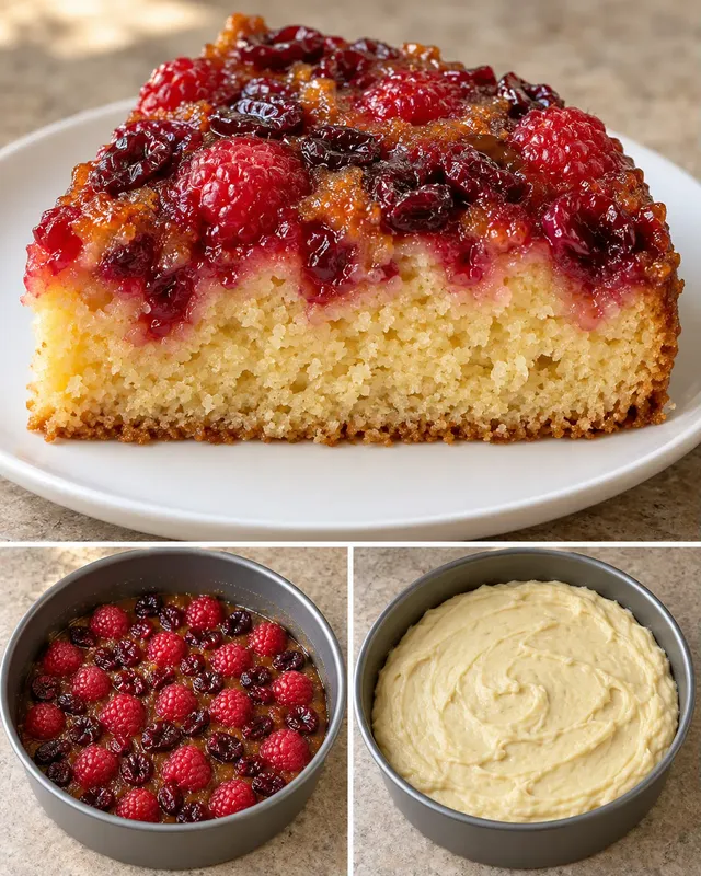 Omgekeerde fruitcake — framboos, vanille, cranberry’s