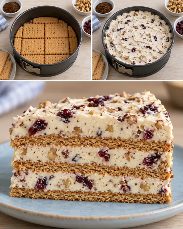Koekjestaart zonder oven — koffie, walnoten, cranberry’s