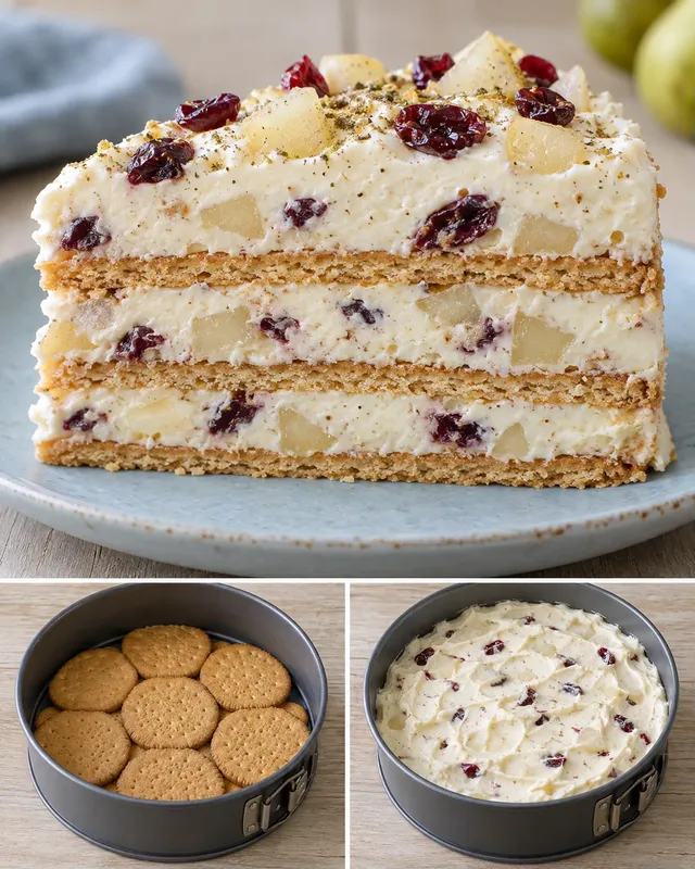 Koekjestaart zonder oven — peer, kardemom, cranberry’s