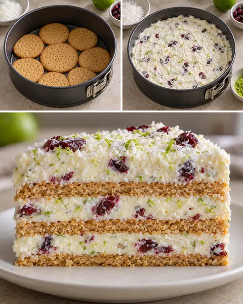Koekjestaart zonder oven — kokos, limoen, cranberry’s