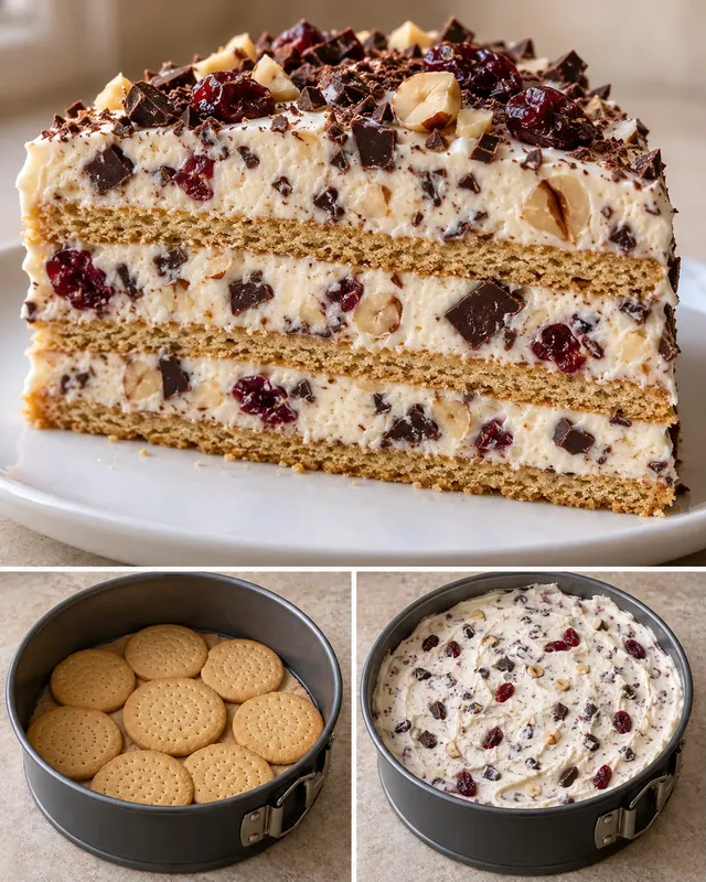 Koekjestaart zonder oven — pure chocolade, hazelnoten, cranberry’s