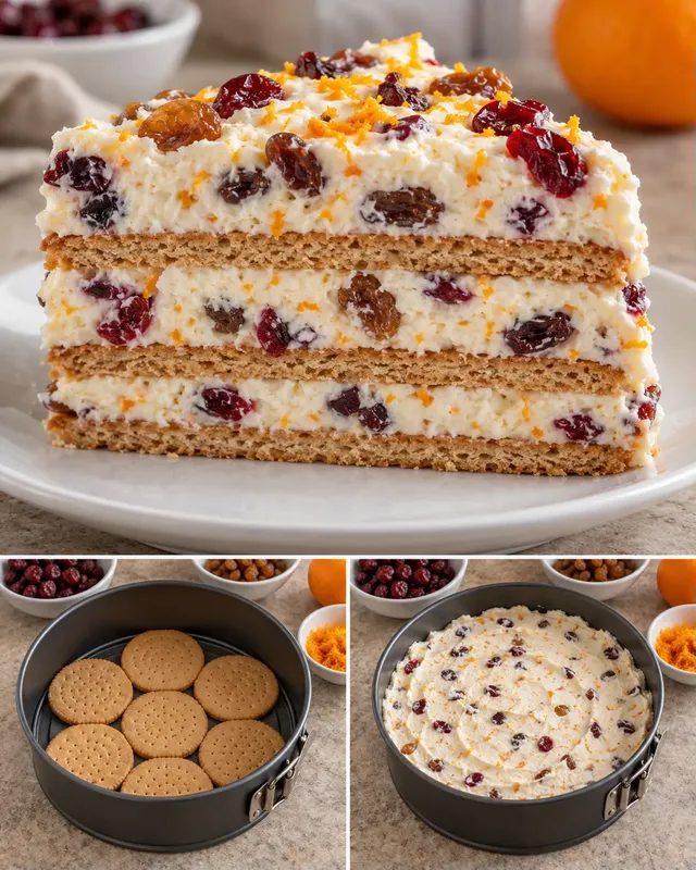 Koekjestaart zonder oven — cranberry’s, sinaasappel, rozijnen
