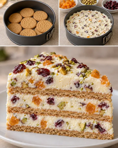 Koekjestaart zonder oven — gedroogde abrikozen, pistachenoten, cranberry’s
