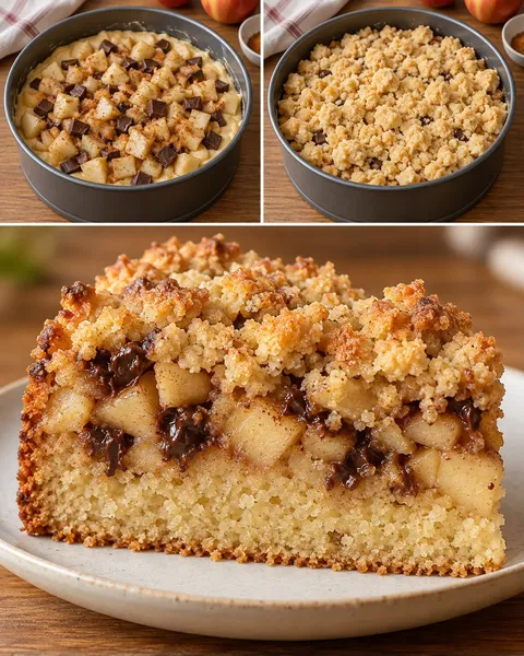 Cake met kruimeltopping — appel, kaneel, pure chocolade