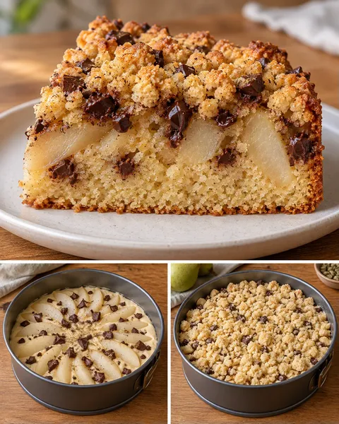 Cake met kruimeltopping — peer, kardemom, pure chocolade