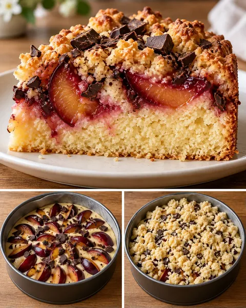 Cake met kruimeltopping — pruim, vanille, pure chocolade