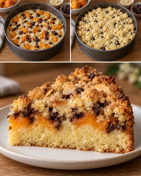 Cake met kruimeltopping — abrikoos, amandelen, pure chocolade