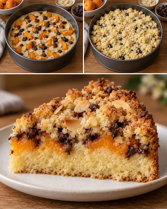 Cake met kruimeltopping — abrikoos, amandelen, pure chocolade