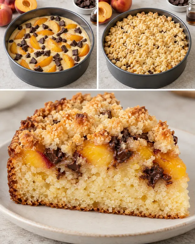 Cake met kruimeltopping — perzik, vanille, pure chocolade