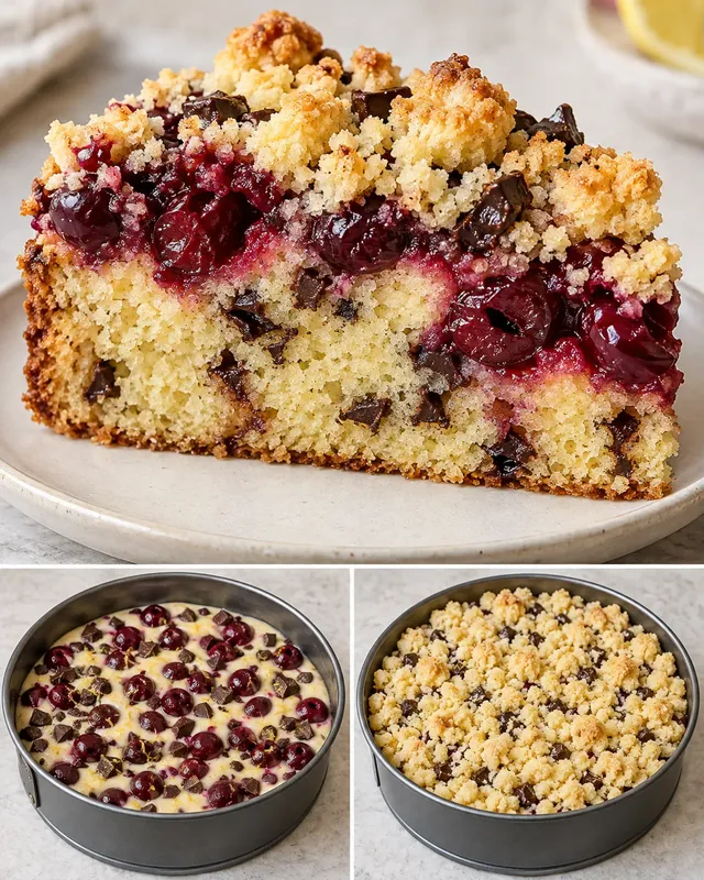 Cake met kruimeltopping — zure kersen, citroen, pure chocolade