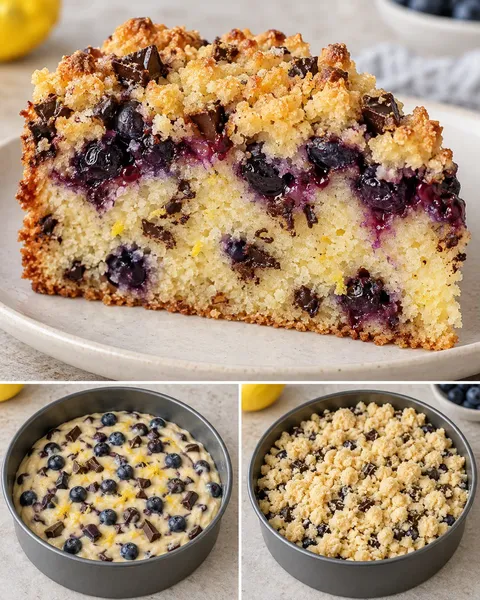 Cake met kruimeltopping — blauwe bessen, citroen, pure chocolade