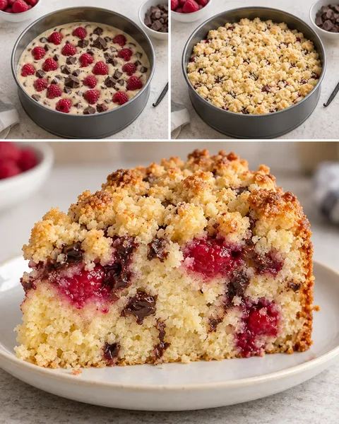 Cake met kruimeltopping — framboos, vanille, pure chocolade