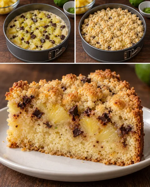 Cake met kruimeltopping — ananas, limoen, pure chocolade