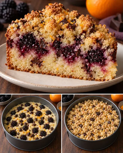 Cake met kruimeltopping — braam, sinaasappel, pure chocolade