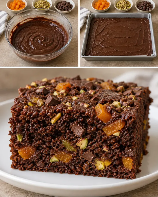Cacaocake — gedroogde abrikozen, pistachenoten, pure chocolade