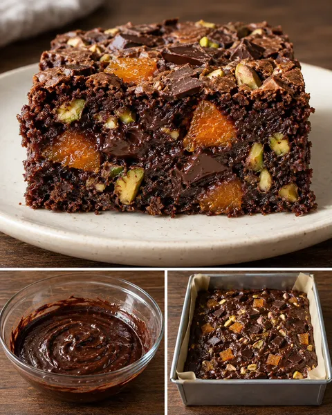 Brownie — gedroogde abrikozen, pistachenoten, pure chocolade
