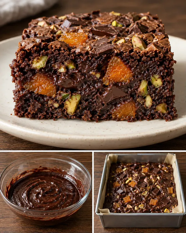 Brownie — gedroogde abrikozen, pistachenoten, pure chocolade
