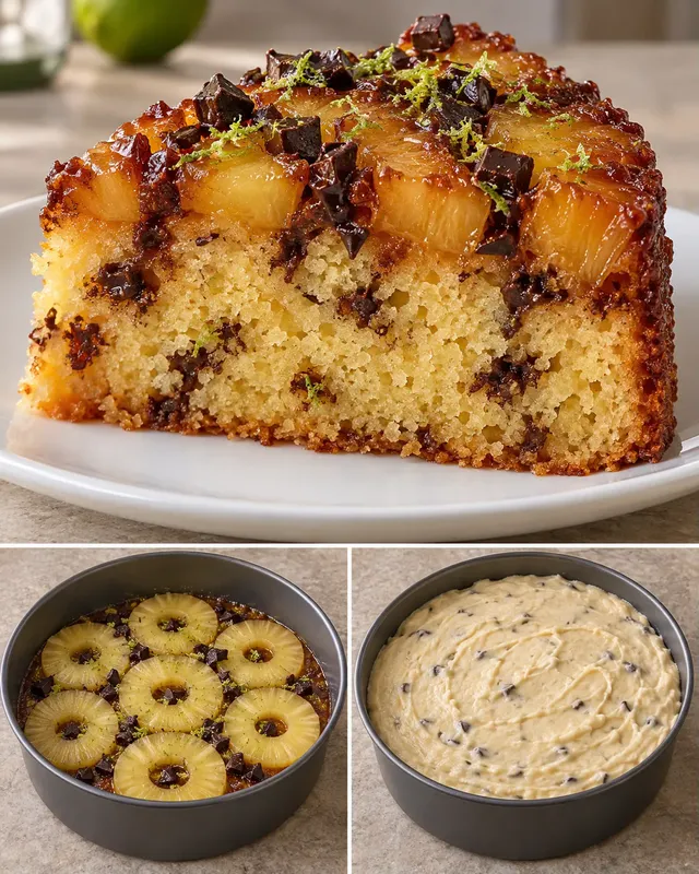 Omgekeerde fruitcake — ananas, limoen, pure chocolade