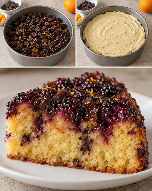 Omgekeerde fruitcake — braam, sinaasappel, pure chocolade