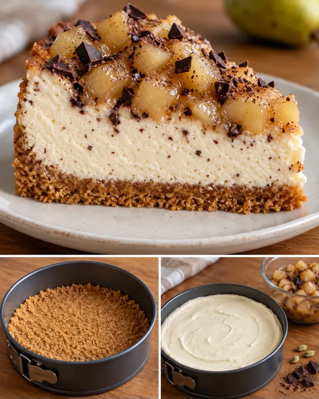 Gebakken cheesecake — peer, kardemom, pure chocolade