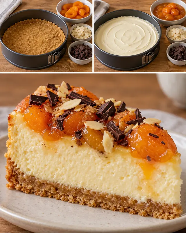 Gebakken cheesecake — abrikoos, amandelen, pure chocolade