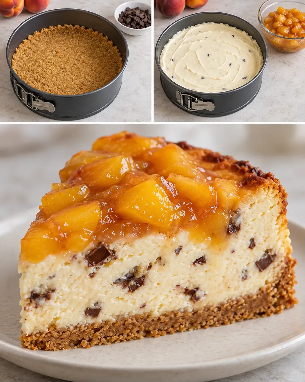 Gebakken cheesecake — perzik, vanille, pure chocolade